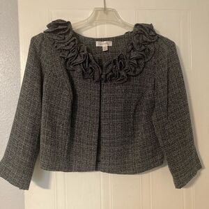 Dress Barn Black White Tweed Cropped Jacket Size 14 Rosette Collar